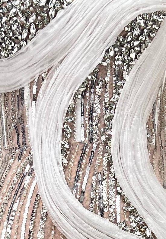 One Shoulder Crystal Bustier Sequin Maxi Dress White Nude