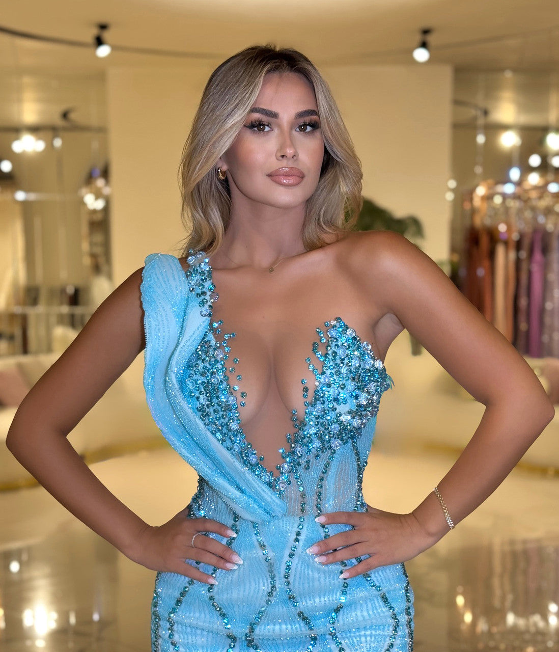 One Shoulder Crystal Dress Blue