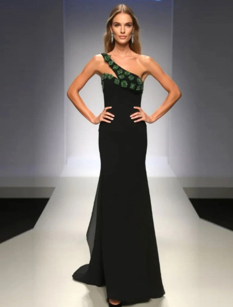 One Shoulder Crystal Flowers Maxi Dress Black Green