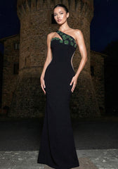One Shoulder Crystal Flowers Maxi Dress Black Green