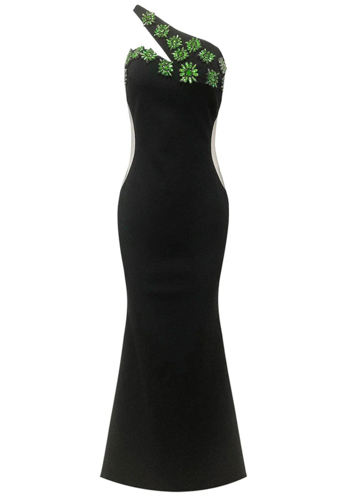 One Shoulder Crystal Flowers Maxi Dress Black Green