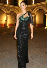 One Shoulder Crystal Floral Sequin Maxi Dress Black