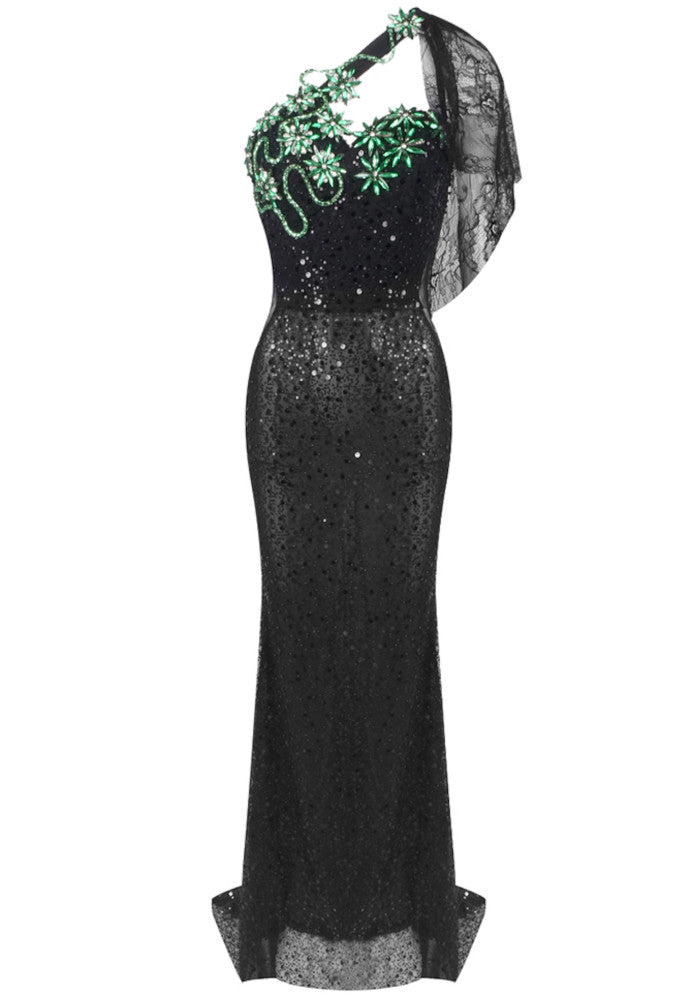 One Shoulder Crystal Floral Sequin Maxi Dress Black