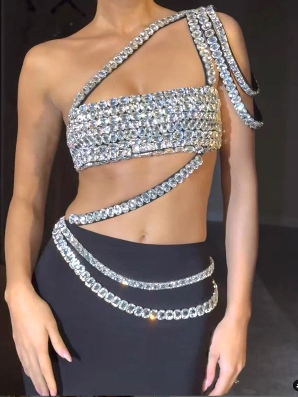 One Shoulder Crystal Trims Maxi Dress Black