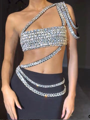 One Shoulder Crystal Trims Maxi Dress Black