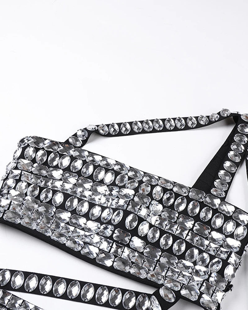 One Shoulder Crystal Trims Maxi Dress Black