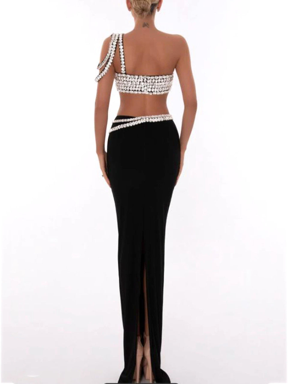 One Shoulder Crystal Trims Maxi Dress Black