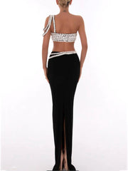 One Shoulder Crystal Trims Maxi Dress Black