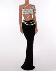 One Shoulder Crystal Trims Maxi Dress Black