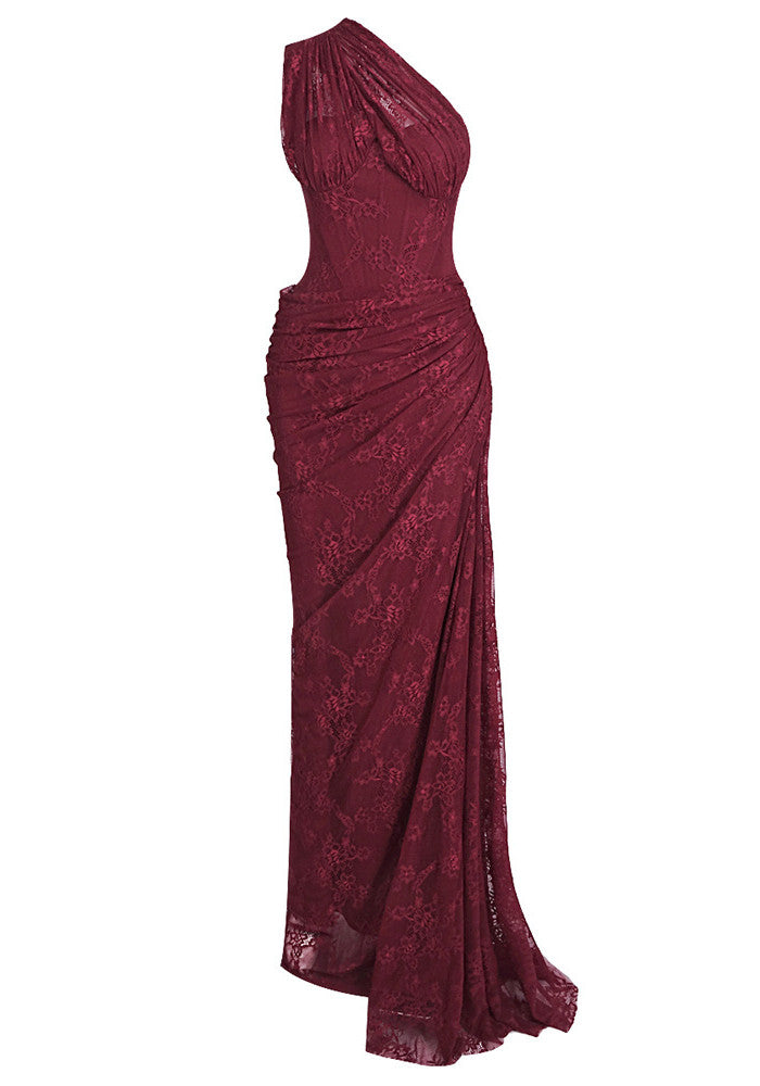 One Shoulder Draped Lace Maxi Dress Burgundy