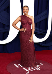 One Shoulder Draped Lace Maxi Dress Burgundy