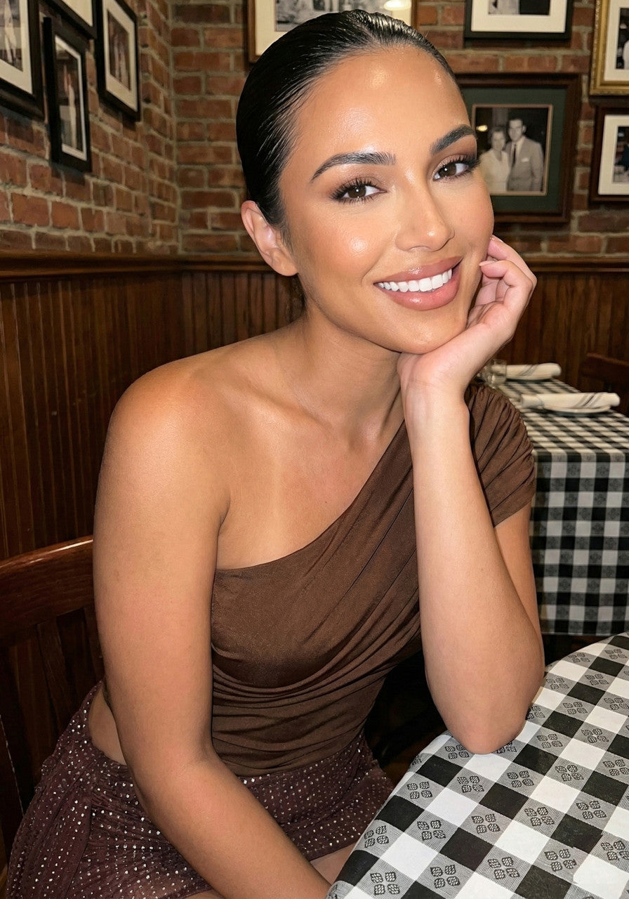 One Shoulder Draped Sparkly Dress Brown