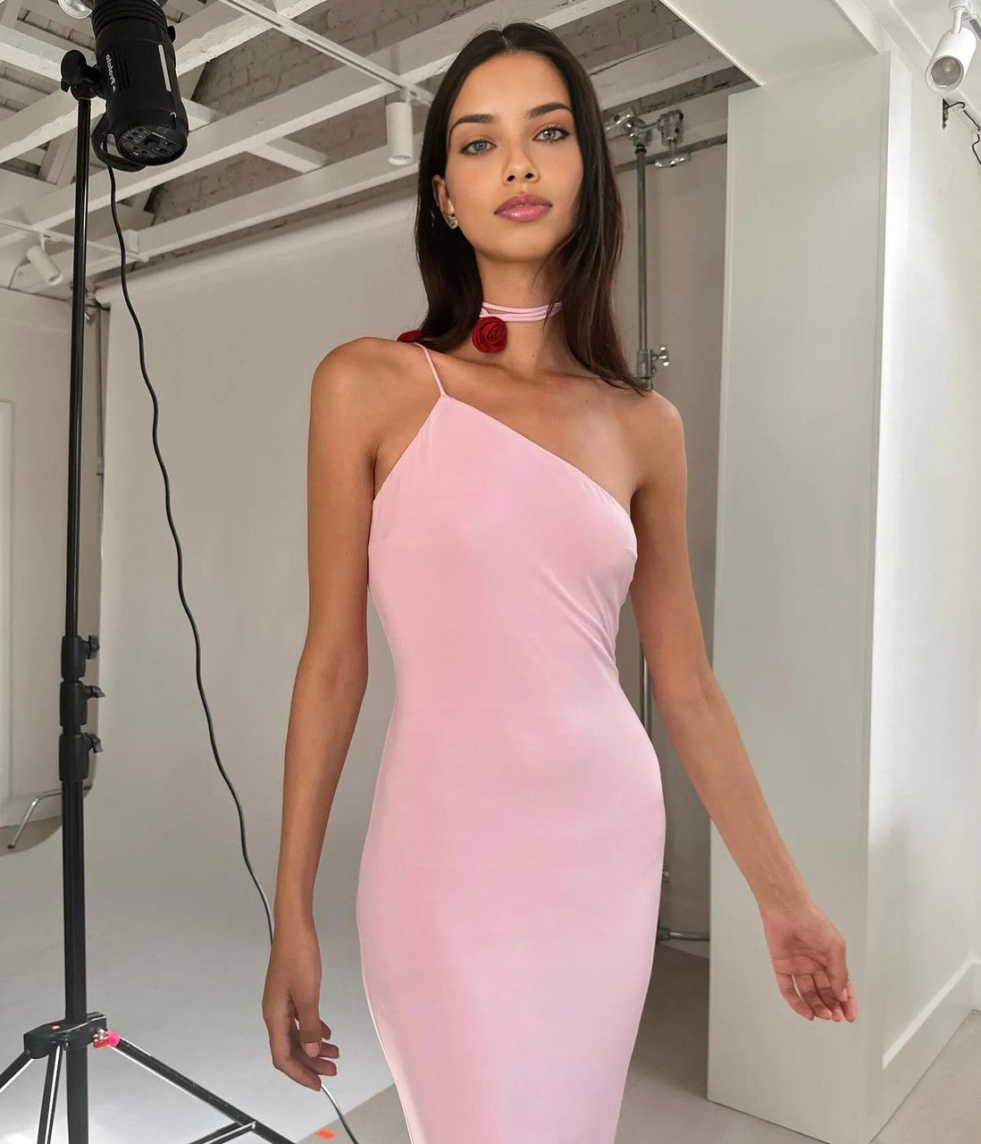 One Shoulder Floral Detail Maxi Dress Pink