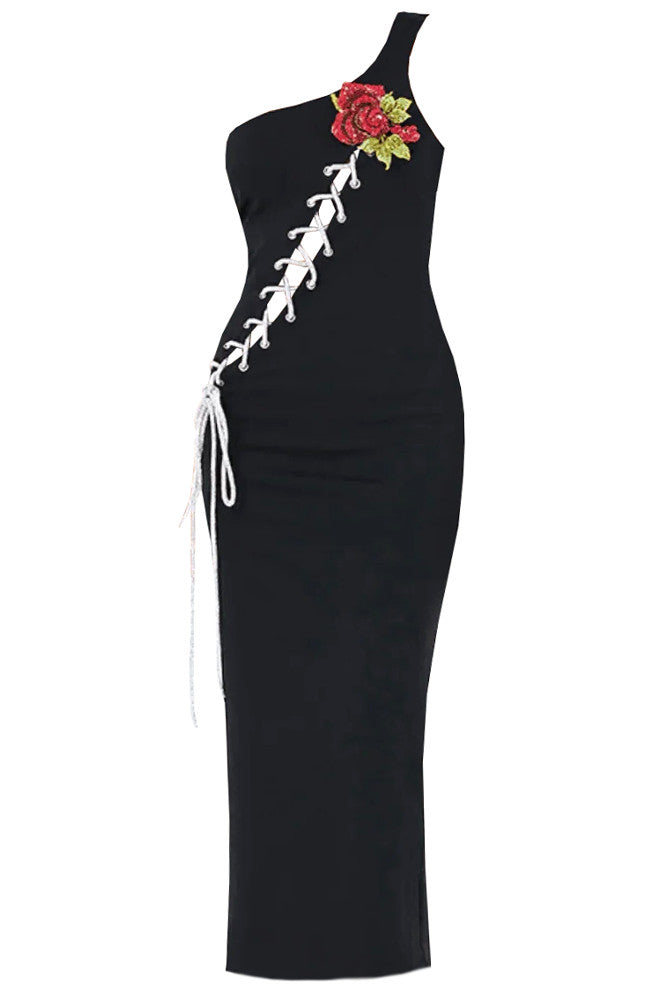 One Shoulder Floral Lace Up Maxi Dress Black