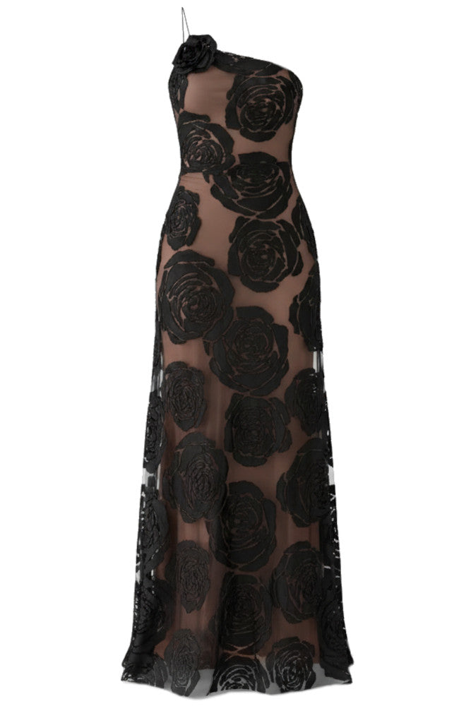 One Shoulder Floral Maxi Dress Black