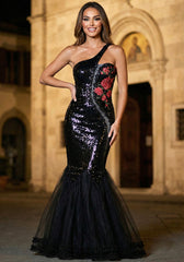 One Shoulder Floral Sequin Mermaid Maxi Dress Black