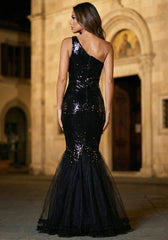 One Shoulder Floral Sequin Mermaid Maxi Dress Black