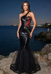 One Shoulder Floral Sequin Mermaid Maxi Dress Black