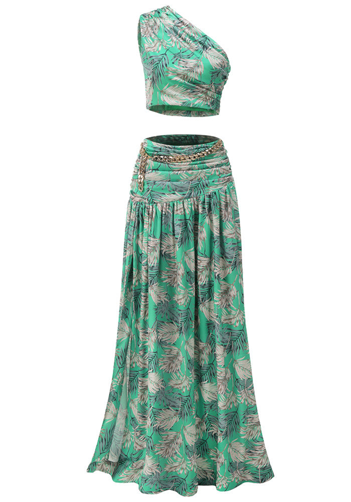 One Shoulder Floral Two Piece Maxi Dress Green