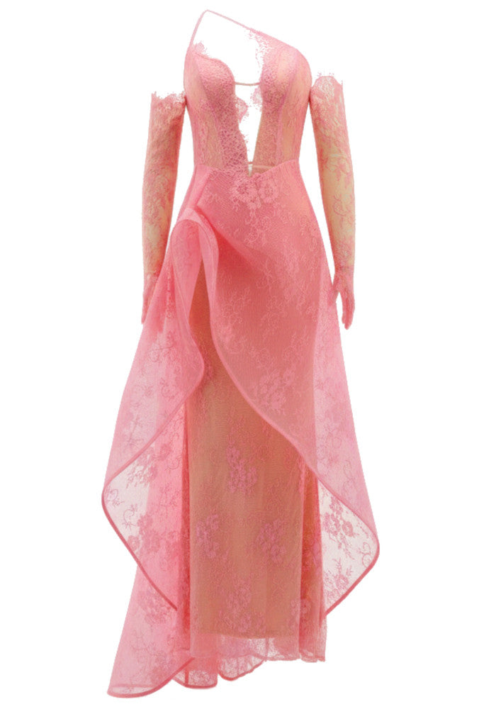 One Shoulder Lace Insert Maxi Dress Hot Pink