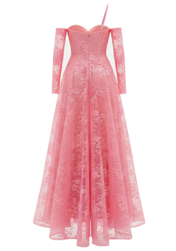 One Shoulder Lace Insert Maxi Dress Hot Pink