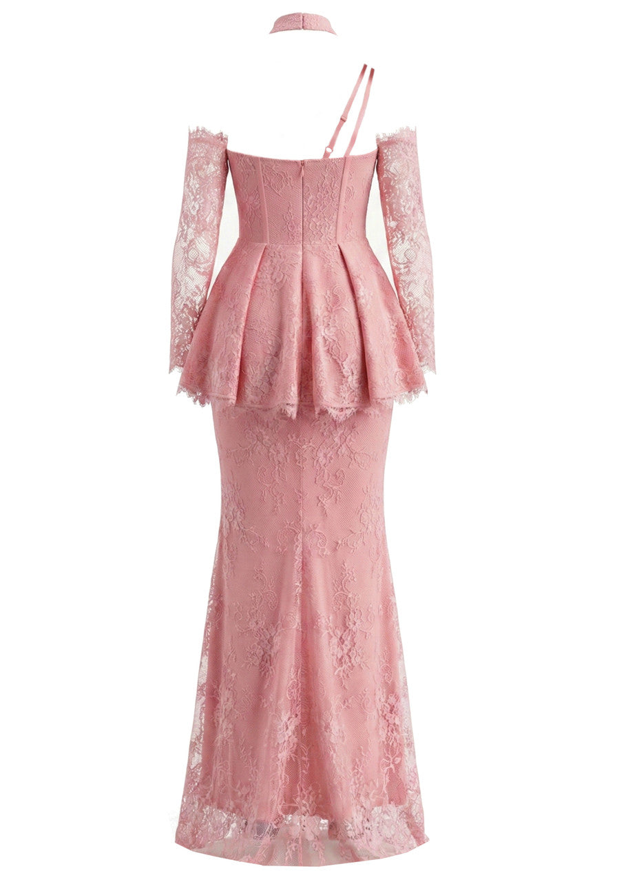 One Shoulder Lace Peplum Maxi Dress Pink