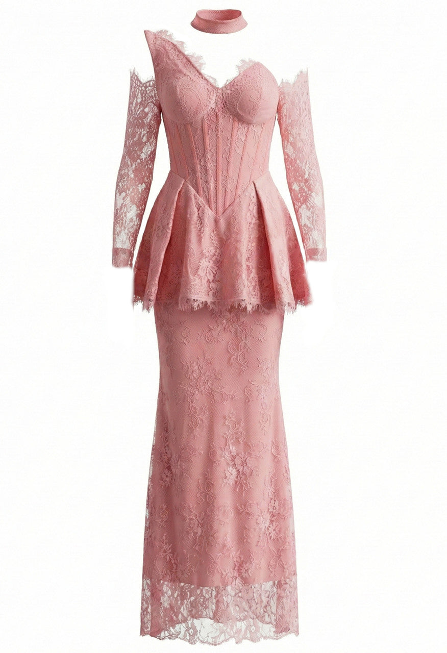One Shoulder Lace Peplum Maxi Dress Pink
