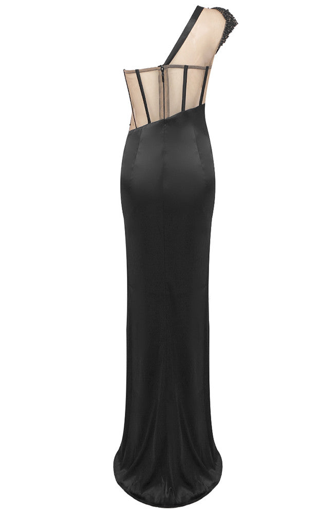 One Shoulder Mesh Insert Maxi Dress Black