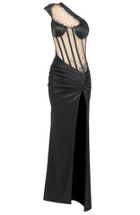 One Shoulder Mesh Insert Maxi Dress Black