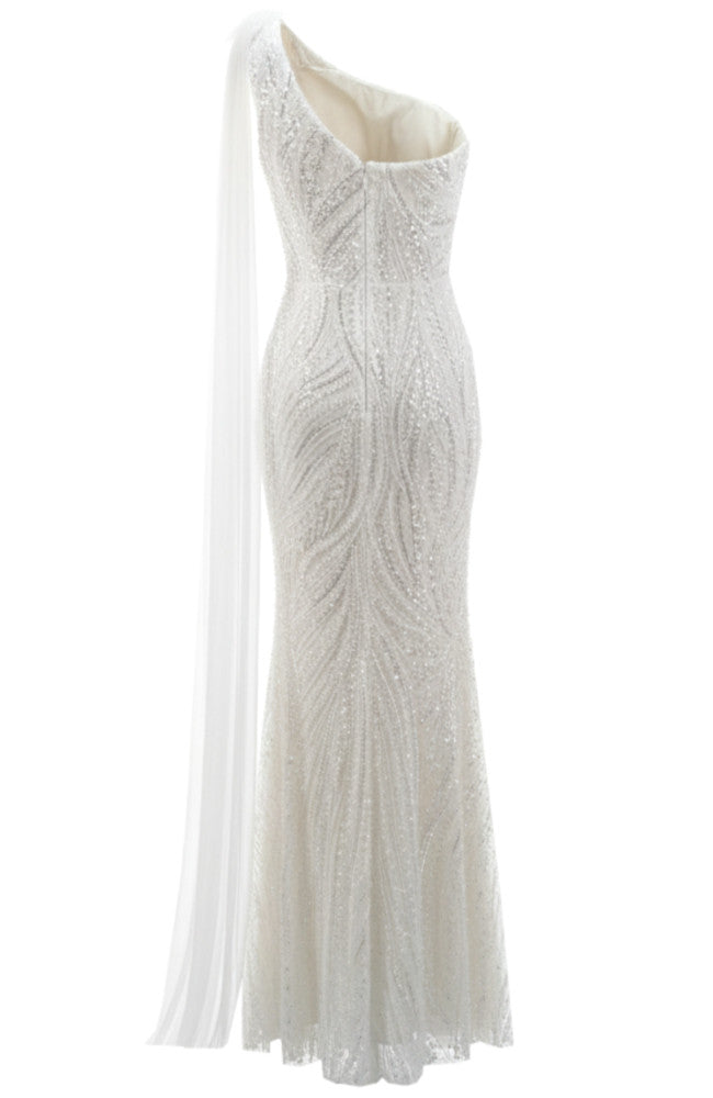 One Shoulder Pearl Sequin Maxi Dress White