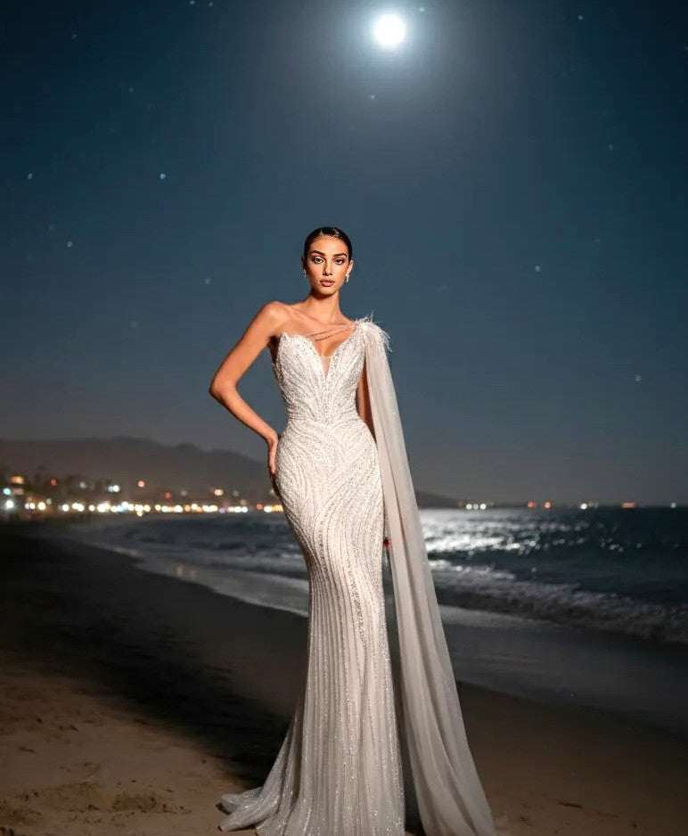 One Shoulder Pearl Sequin Maxi Dress White