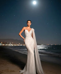 One Shoulder Pearl Sequin Maxi Dress White