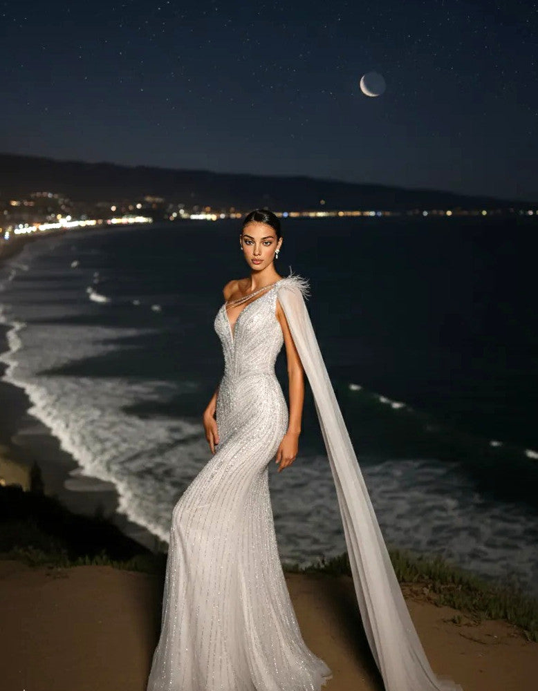 One Shoulder Pearl Sequin Maxi Dress White