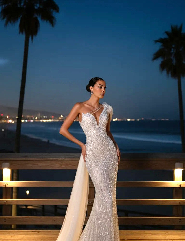 One Shoulder Pearl Sequin Maxi Dress White