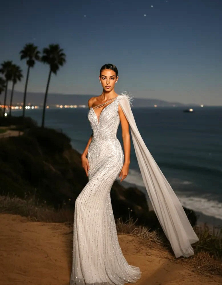 One Shoulder Pearl Sequin Maxi Dress White
