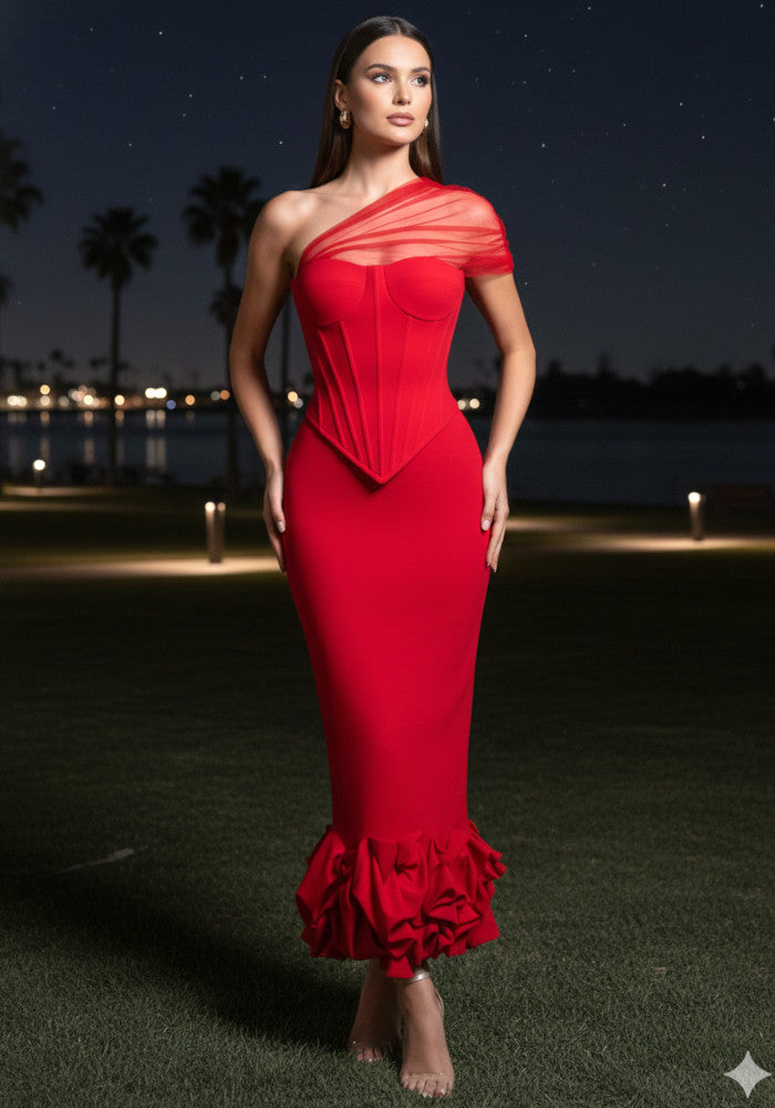Mesh One Shoulder Corset Midi Dress Red