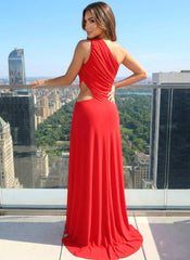 One Shoulder Ruched Cut Out Maxi Dress Red