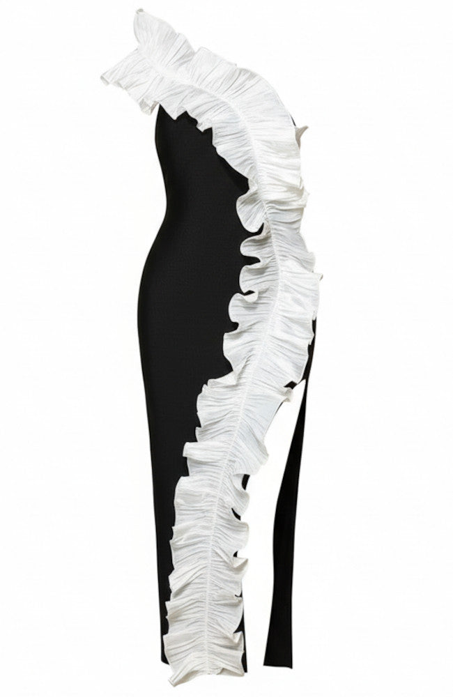 One Shoulder Ruffle Midi Dress Black White