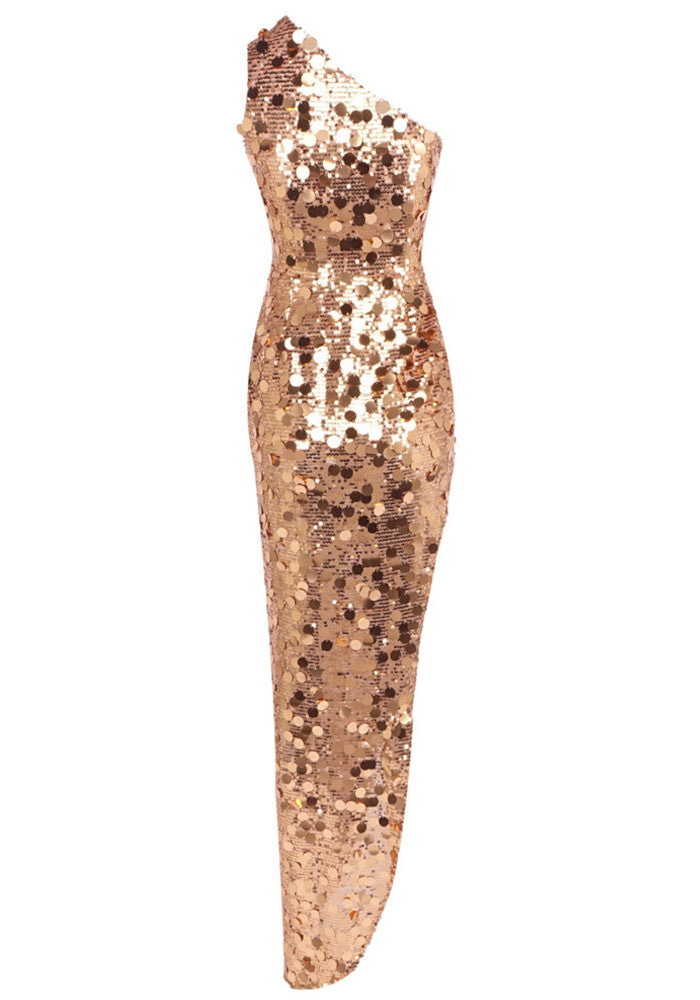 One Shoulder Sequin Asymmetric Maxi Dress Gold