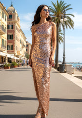 One Shoulder Sequin Asymmetric Maxi Dress Gold