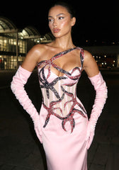 One Shoulder Crystal Corset Maxi Dress Pink