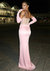 One Shoulder Crystal Corset Maxi Dress Pink