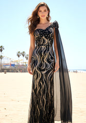 One Shoulder Sequin Maxi Dress Black Gold