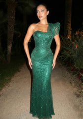 One Shoulder Sparkly Maxi Dress Green