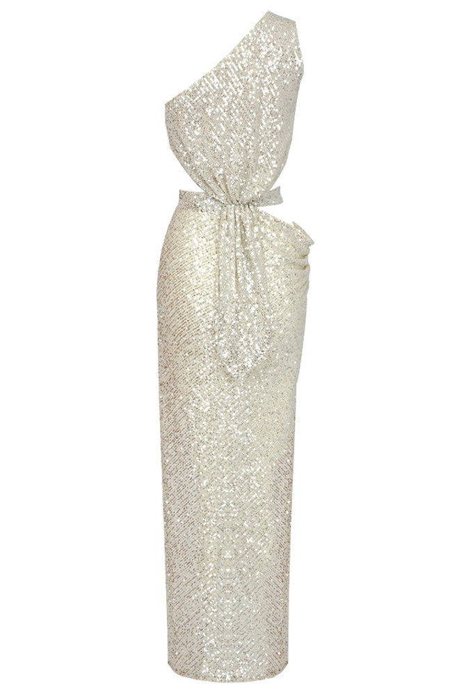 One Shoulder Sequin Maxi Dress Platinum