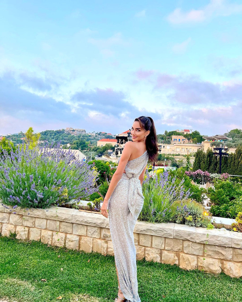 One Shoulder Sequin Maxi Dress Platinum