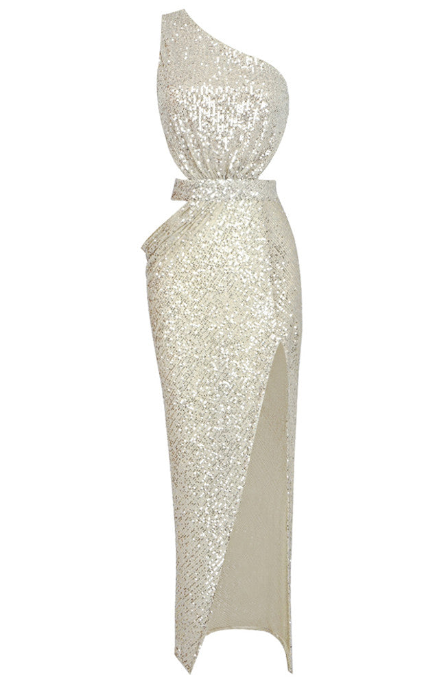 One Shoulder Sequin Maxi Dress Platinum