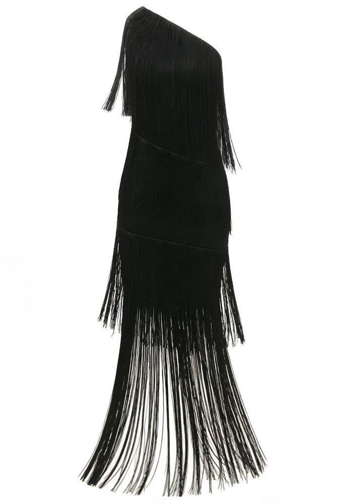 One Shoulder Tassel Maxi Dress Black