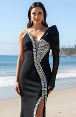 One Sleeve Bardot Crystal Maxi Dress Black