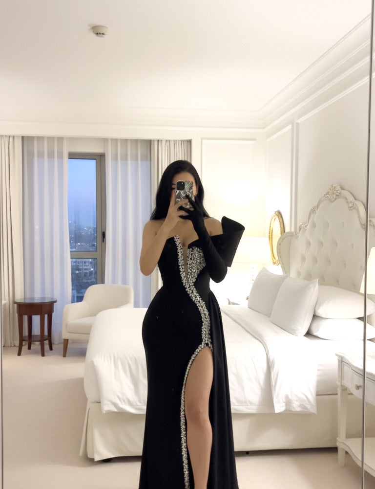 One Sleeve Bardot Crystal Maxi Dress Black